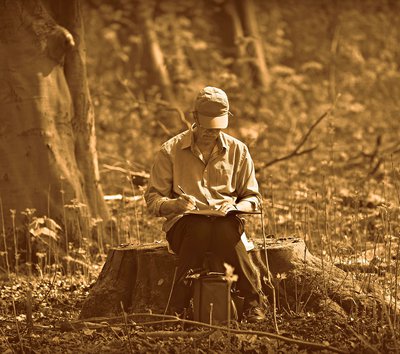 persona nel bosco che disegna